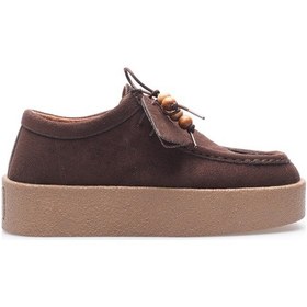 Resim Kadın Süet Loafer Ayakkabı Bağcık Boncuk Detaylı Kahve Kavera Kahverengi 