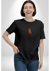 Resim Çikolata Kız Kalbi Siyah Oversize Unisex Ön Orta Minimal Baskılı Tişört Siyah 