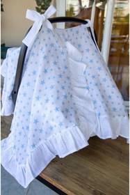 Resim Puset Ortusu/Bebek Arabasi Ortusu %100 Pamuk Muslin Mavi Yildiz Firfirli 