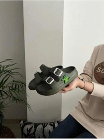 Resim Ayfox Timsah Figürlü Çift Tokalı Anatomik Yüksek Taban Ultra Hafif Kaydırmaz Plaj Havuz Günlük Çocuk Terlik Haki 