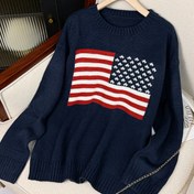 Resim Vintage Amerikan Bayrağı Desenli, Rahat Giyim İçin Uygun, Düğmeli Yuvarlak Yaka Kazak, Kadınlar için Sonbahar ve Kış için 