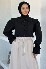Resim Bilekler Ve Yaka Fistolu Tesettür Gömlek Siyah TZL-P-00021313 