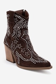 Resim Dericlub Kadın Taşlı Kalın Taban Western Bot Gerçek Süet Deri ZY 1610 KAHVERENGİ 