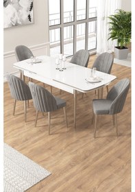 Resim Canisa Edaf Serisi 80x132 Açılabilir Beyaz Mutfak Masa Takımı 6 Gri Sandalye Krom Detay Beyaz Masa Sandalye Cappucino 