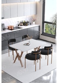 Resim Avvio Lionte Teddy Sandalye 80x120 Yemek Masası Mutfak Masası 4 Kişilik Masa Sandalye Takımı Bukle Kumaş Beyaz 