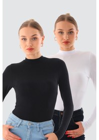 Resim Kadın Viskon Boğazlı Kopçalı Zıbın Body 2'li Set Siyah-beyaz Siyah - Beyaz 