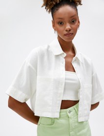 Resim Crop Gömlek Cep Detaylı Keten Viskon Karışımlı 