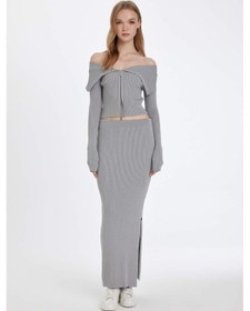 Resim DeFacto Slim Fit Dar Kesim Esnek Belli Basic Düz Yırtmaçlı Maxi Triko Etek D5390AX24AUGR90 Gri 