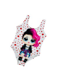 Resim Lolliboomkids Kız Çocuk Punk Lol Rocker Boi Mor Saçlı Karakter Desen Beyaz Üzeri Kalp Desen Mayo Beyaz - Pembe 