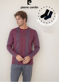 Resim Pierre Cardin Erkek %100 Pamuk Çizgi Detaylı Uzun Kol Pijama Takımı Ol.pc.6105.001-bordo-l Çok Renkli 