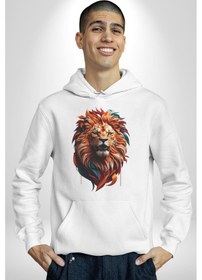 Resim Renkli Kaplan Kükrüyor Kadın Erkek Beyaz Kapüşonlu Sweatshirt Hoodie Beyaz 