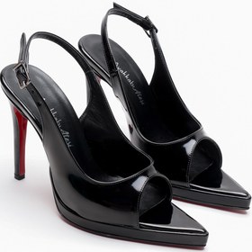 Resim Ayakkabı Ateşi Kadın Arka Açık Sivri Burun İnce Topuklu Platform Ayakkabı Hari Siyah Rugan 