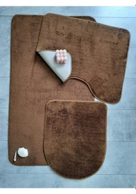 Resim Ultrasoft Düz Kahve 3 Lü Banyo Halısı Paspası Seti Kaymaz Deri Ta Kahverengi 