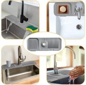 Resim Orvila Elastik Musluk Matı Su Tutucu Düzenleyici Kaydırmaz Taban Organizer Mutfak Banyo Lavabo Gri 