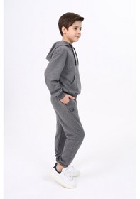Resim Toontoy Kids Toontoy Erkek Çocuk Relax Fit Kapüşonlu Cepli Hafif Düşük Omuz Baskılı Sweatshirt - 2 İplik Antrasit 
