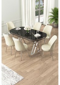 Resim Canisa Lai Serisi 90x168 Lak Panel Sonata Krom Ayak Masa Takımı 6 Krem Sandalye Sonata Masa Ayaklar Krom Sandalye Krem 