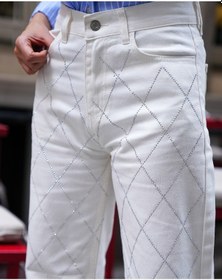 Resim Loısy Kadın Beyaz Renk Palazzo Önü Starlight Parlak Taşlı Tasarım Denim Beyaz 