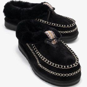 Resim Norıel Siyah Süet Hakiki Deri Dikişli Kürklü Kadın Makosen Terlik Siyah 