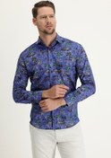 Resim Koyu Mavi Uzun Kol Slim Fit Baskılı Pamuk Gömlek Kigili