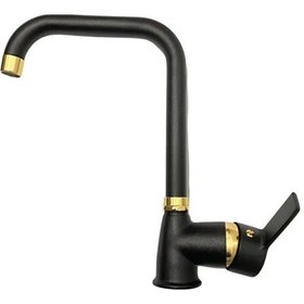 Resim Siyah Delta Altın Mutfak Evye Bataryası Köşe Borulu Garantili Musluk Ağır Gövde Siyah 