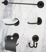 Resim MultiStore Siyah 5'li Banyo Aksesuar Seti Uzun Havluluk/tuvalet Kağıtlığı/bornoz Askısı/sabunluk/diş Fırçalık 