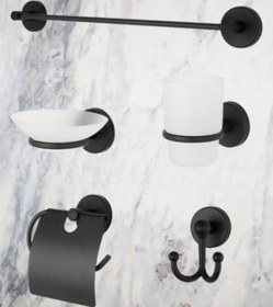 Resim MultiStore Siyah 5'li Banyo Aksesuar Seti Uzun Havluluk/tuvalet Kağıtlığı/bornoz Askısı/sabunluk/diş Fırçalık 