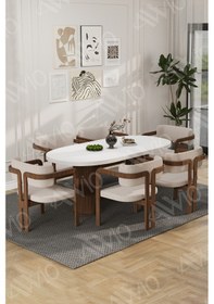 Resim Avvio Arion Serisi Bohem Ayak 6'lı Tokyo Metal Demonte Sandalye 80x160 Masa Sandalye Takımı Beyaz Masa Sandalye Kahve Kumaş Krem 