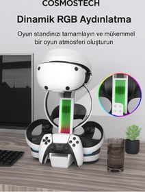 Resim cosmostech Ps5 Vr2 Sanal Gerçeklik Gözlüğü Uyumlu Şarj Standı – Hızlı Şarj , Kulaklık & Vr gözlük Aparatlı RGB 