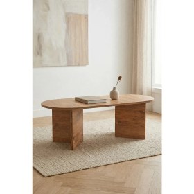 Resim tridihome Lüks Tasarım Oval Orta Sehpa Masif Görünümlü Geniş Ayaklı Salon Ofis Sehpası 119X50X40CM Modern Doğal Ahşap Dokulu 