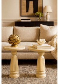 Resim Minimalist Tarz 2 Li Krem Masif Ahşap Zigon Sehpa Seti Beyaz 