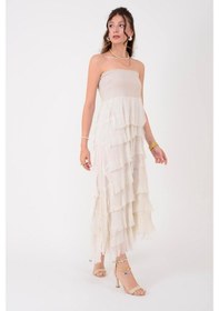 Resim Eren Style İtalyan 2 Beden Ince Gösteren Kat Kat Ipek Etek & Straplez Elbise Krem 