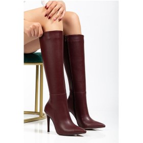 Resim Ls-226 Bordo Cilt Fermuarlı Lastikli İnce Yüksek Topuklu Kadın Çizme Altın - Siyah 