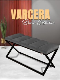 Resim Gazzini furniture Varcera Sliced Gri Puf - Siyah Çapraz Metal Ayaklı, Dilimli Model Bench Puf 