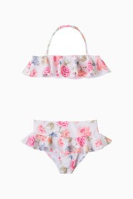 Resim Çiçek Desenli Fırfırlı Kız Çocuk Bikini - Pembe / Y-14 
