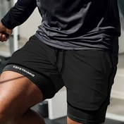 Resim Erkekler için Spor ve Antrenman İçin 2'si 1 Arada Koşu Pantolonları, Cepli Hızlı Kuruyan Kompresyon Şortlar, Rahat Fitness Pantolonları - 1 Adet 