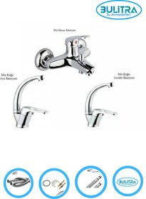 Resim BULİTRA Su Armatürleri Banyo Bataryası Mix Kuğu Lavabo Ve Mix Kuğu Mutfak Musluğu Bataryası 3 Lü Set 