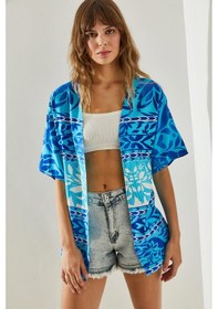 Resim Shade Kadın Etnik Desenli Kısa Kollu Viskon Kimono 60251374 - Mavi 