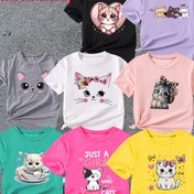 Resim Rastgele Bir İşi Gönderin, 8 Renkli Tişörtler, Kedi Baskılı Moda Kızlar Tişörtü 