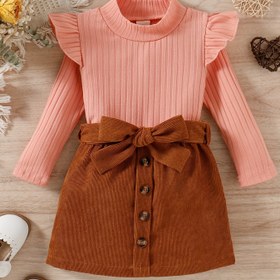 Resim Kız Çocuk Preppy Tarzı Kabarık Örgü Uzun Kollu Üst & Kord Bezi Etek Takımı - Yumuşak Pembe & Kahverengi, Düğmeli Faux Düğmeler, Sonbahar/Kış İçin Mükemmel, Bebek Kız Kıyafeti, Sonbahar Kış Giyim, Klasik Yuvarlak Yaka, Yumuşak Dokulu, Dış Mekan İçin 