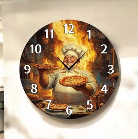 Resim Pizza Aşçı Yemek Renkli Baskı Desenli Sayılı Hediyelik Ahşap Sessiz Tablo Duvar Saati 111 Renkli 