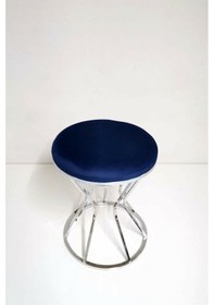 Resim Metal Ayaklı Lüks Puf Tabure Koltuk Gümüş Lacivert 