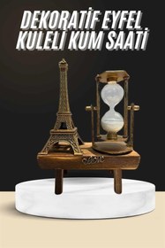 Resim Retro Eyfel Kulesi Ve Kum Saati Dekoratif Ahşap Görünümlü Masa Biblosu 