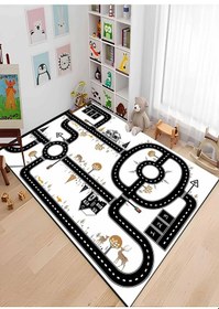 Resim Siyah Yol Şeritli Çocuk Odası Oyun Halısı Beyaz 