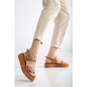 Resim Analin Shoes Kadın Hakiki Deri Yüksek Taban Sandalet Taba Renkli Arka Kayışlı Günlük Stil 