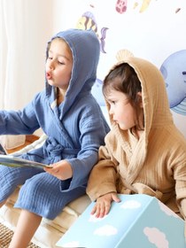 Resim %100 Pamuk 4 Kat Muslin Bebek Çocuk Bornozu | Düz Renkli Kapüşonlu Bornoz - Hardal / 1-3 Yaş 
