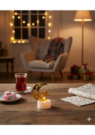 Resim 6 Cm Ramazan Ledli Tealight Mum Altın Metal Ay-yıldız Model - Kendinden Pilli Dekoratif Mum Diğer 