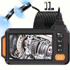 Resim 10.92cm IPS Ekran, 8 LED Işık & Ayarlanabilir Yükseklikli Endüstriyel Çift Kamera Endoskop - Otomotiv & Ev Tesisat Müfettişliği için Şarj Edilebilir Pil/USB Güçlü 