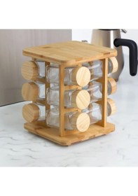 Resim Mien Dayanıklı 12'li Bambu Kapaklı Ve Döner Standlı Kare Borosilikat Cam Baharatlık Seti 13 Parça Ahşap 