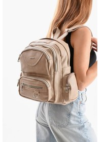 Resim Baginn Suni Deri Kadın Sırt Çantası 38 28 Cm Mega Bag Günlük Kullanıma Uygun Çok Cepli İçi Astarlı Krem 
