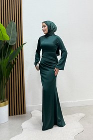 Resim Tarzım Tuba Premium Yeşil Zara Saten Drapeli İspanyol Kol Tesettür Abiye 